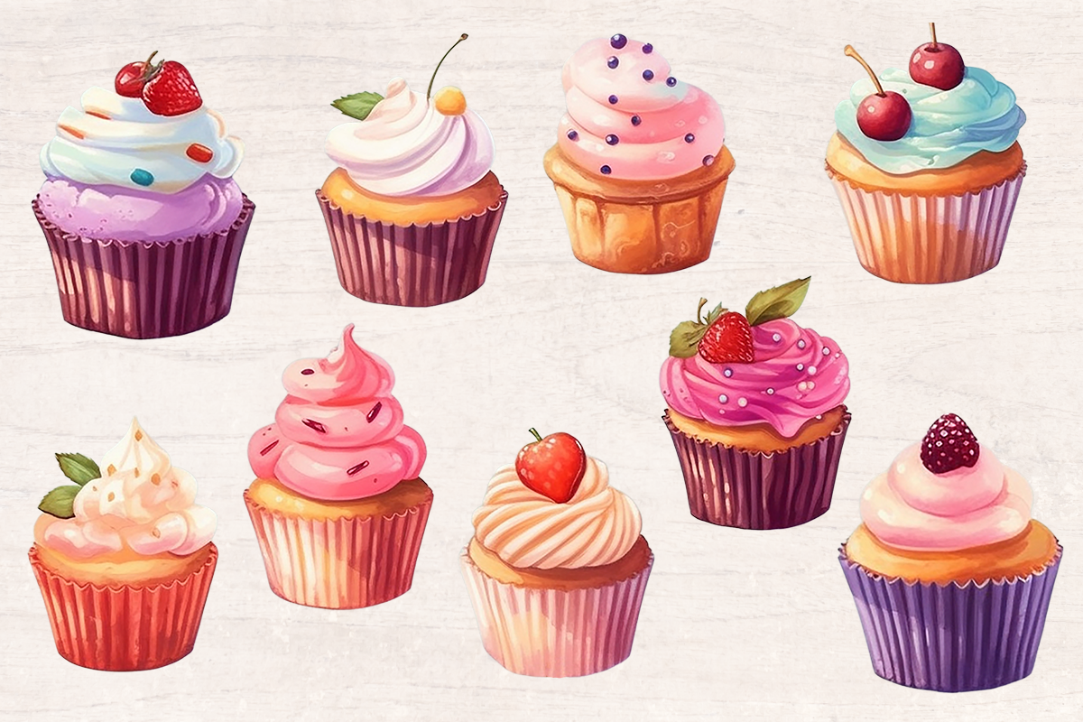 9 Delightful Watercolor Cupcake PNG cliparts bundle, PNG sublimation