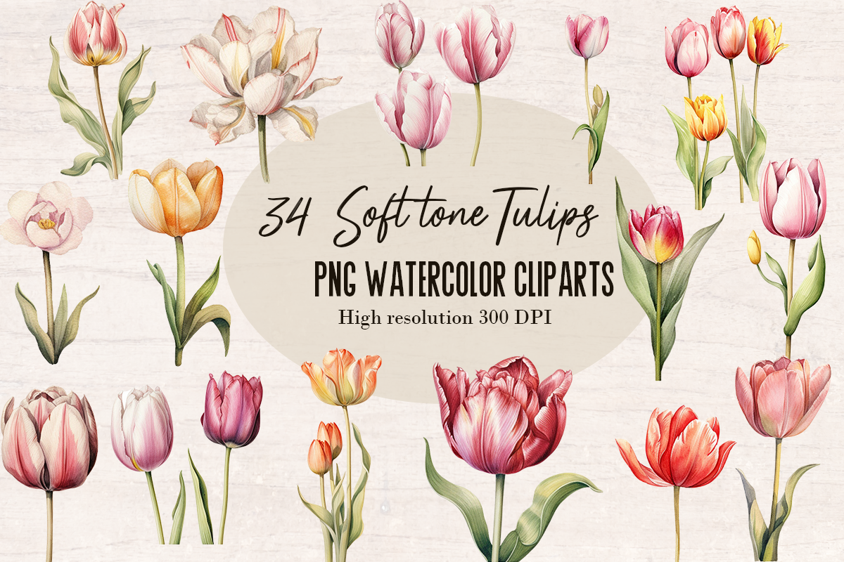 34 Soft Pastel Watercolor Tulip Flowers PNG cliparts bundle, PNG sublimation
