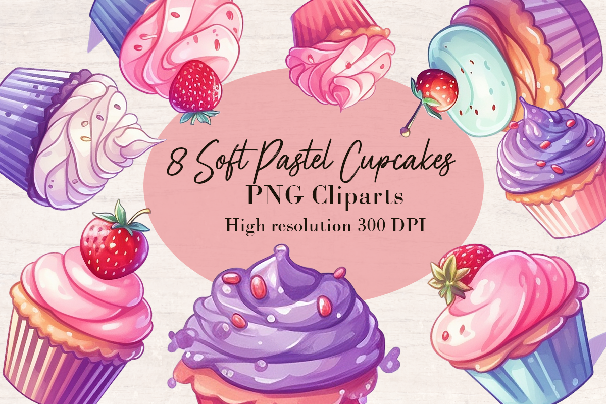 8 Soft Pastel Cupcake PNG cliparts bundle, PNG sublimation