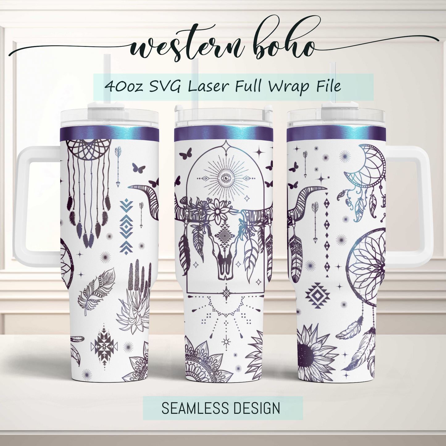 Boho Cow Skulls Western Cowboy Engraved Full Wrap Seamless 40oz Tumbler SVG Laser Rotary and PNG sublimation