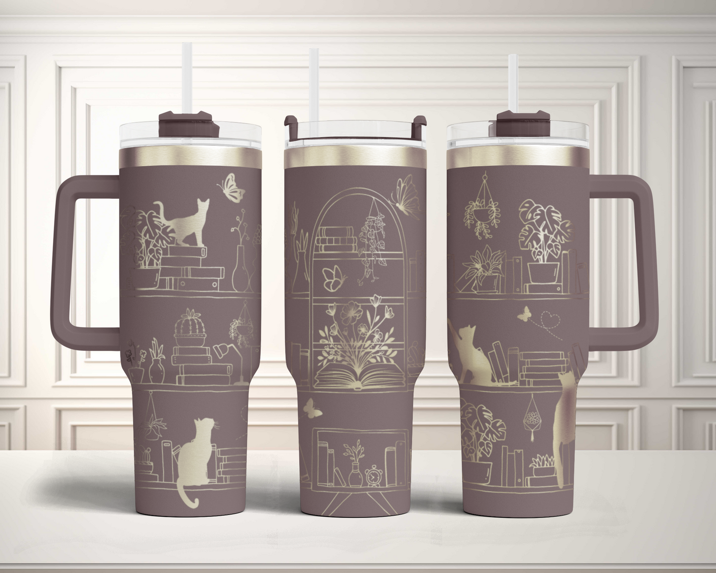 Book lover cat shelf Engraved Full Wrap Seamless 40oz Tumbler SVG Laser Rotary and PNG sublimation