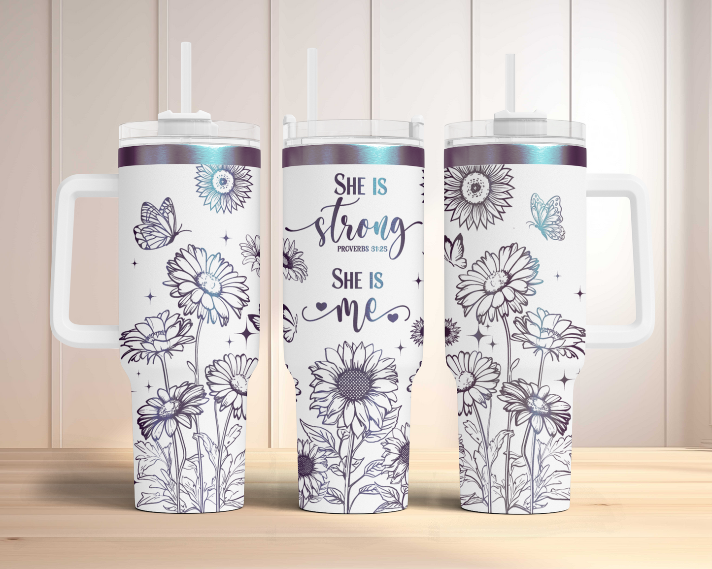 She is strong, She is me 40oz Women sunflower Bible Verse Engraved Full Wrap Seamless 40oz Tumbler, SVG Laser PNG sublimation