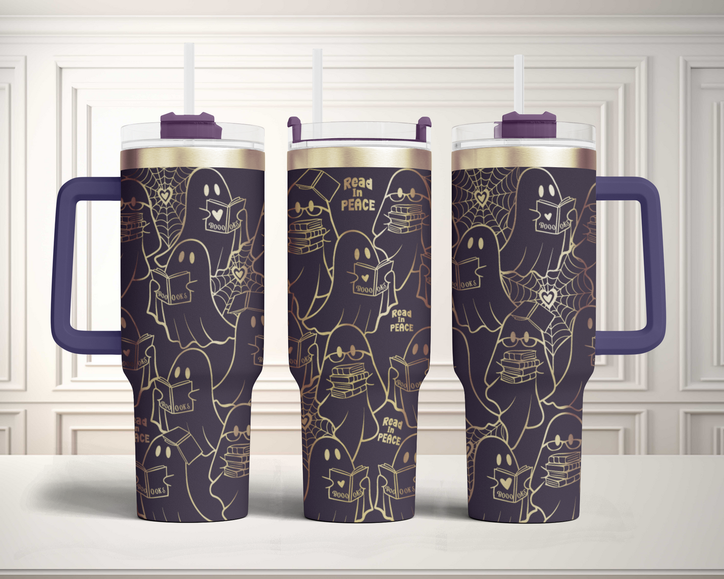 Read in Peace, Bookish Ghost Funny Halloween 40oz Tumbler SVG Laser Engraved Full Wrap Seamless, PNG