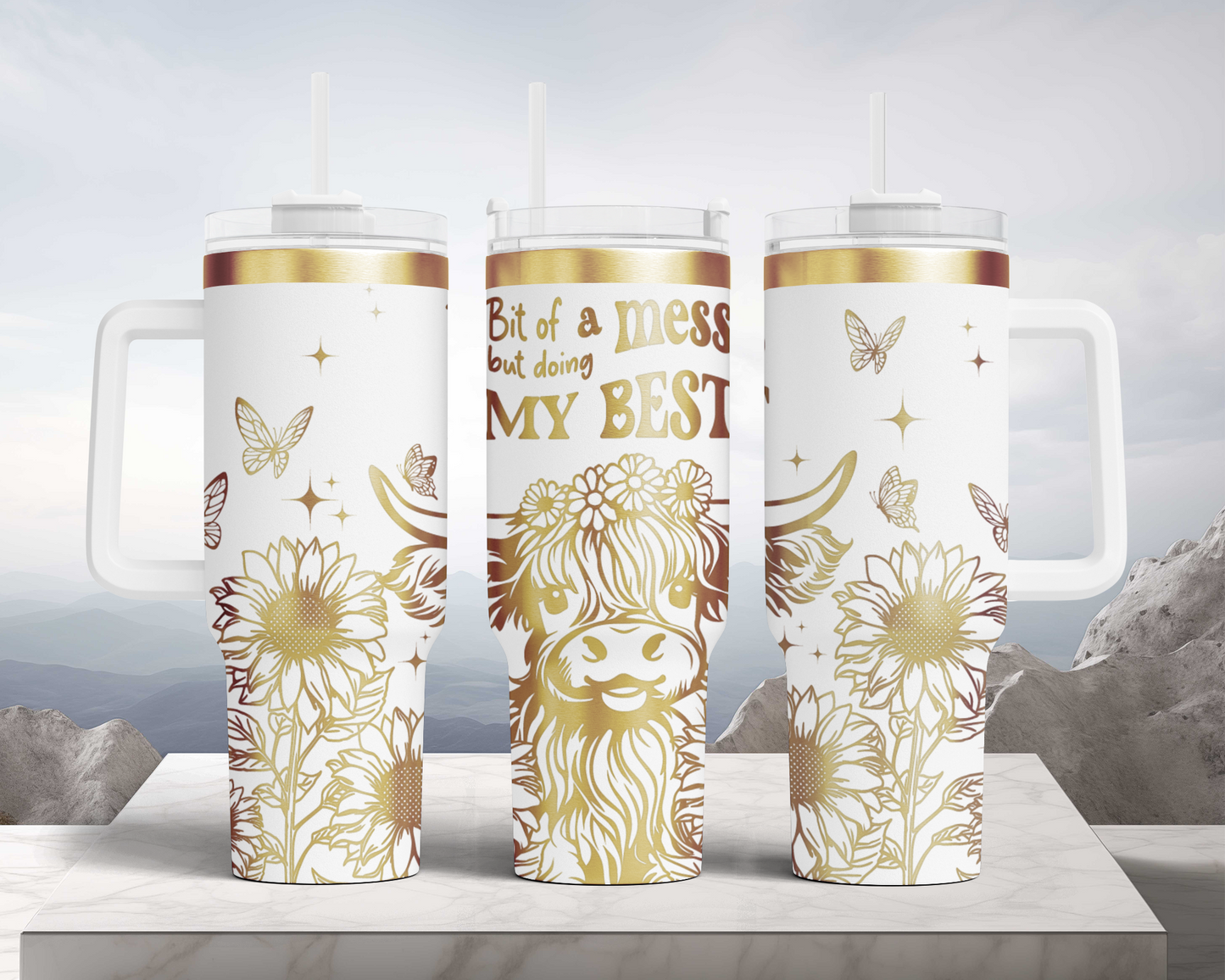 Cute Highland Cow, hot mess doing my best Engraved Full Wrap Seamless 40oz Tumbler SVG Laser Rotary and PNG sublimation