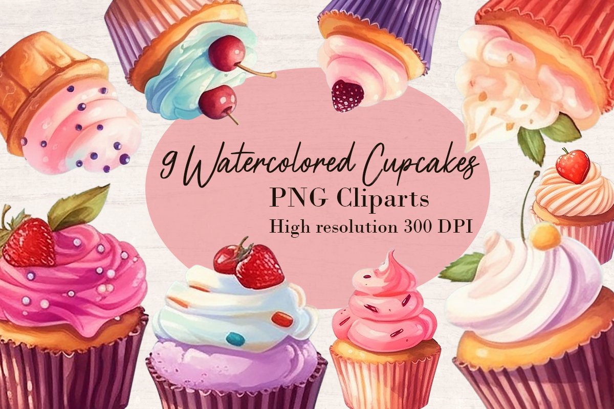 9 Delightful Watercolor Cupcake PNG cliparts bundle, PNG sublimation