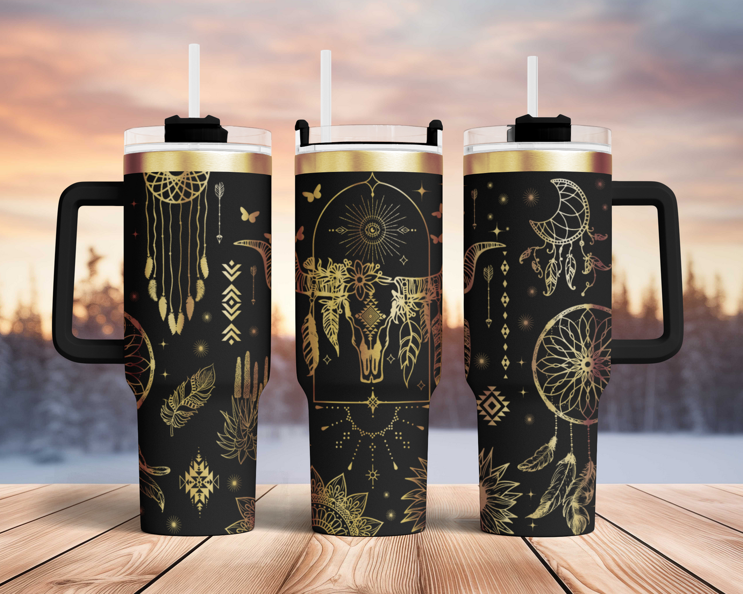 Boho Cow Skulls Western Cowboy Engraved Full Wrap Seamless 40oz Tumbler SVG Laser Rotary and PNG sublimation