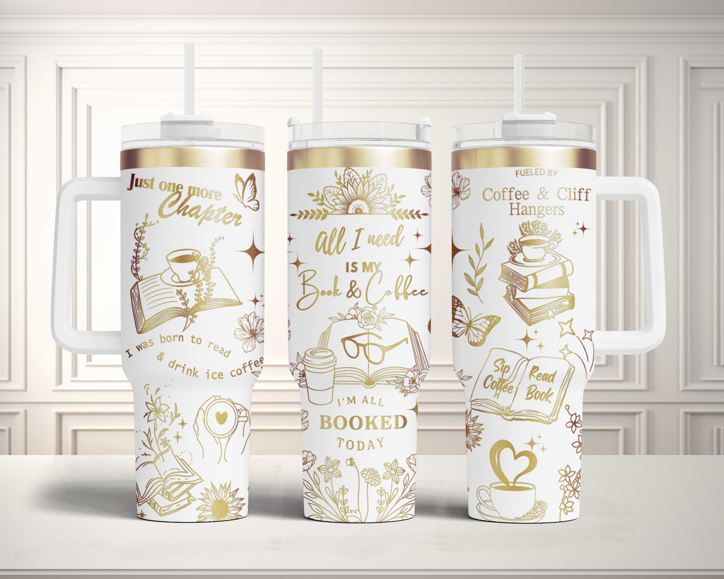 All I need is my book and coffee, book lover, Engraved Full Wrap Seamless 40oz Tumbler SVG Laser Rotary and PNG sublimation