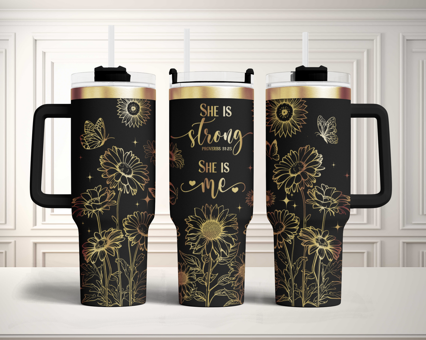 She is strong, She is me 40oz Women sunflower Bible Verse Engraved Full Wrap Seamless 40oz Tumbler, SVG Laser PNG sublimation