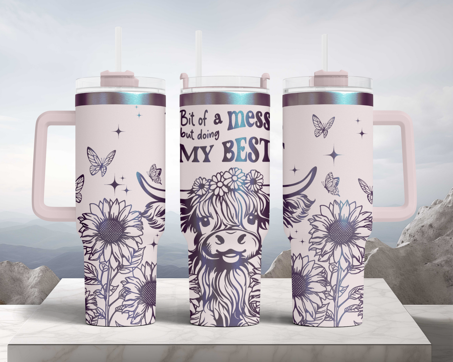 Cute Highland Cow, hot mess doing my best Engraved Full Wrap Seamless 40oz Tumbler SVG Laser Rotary and PNG sublimation
