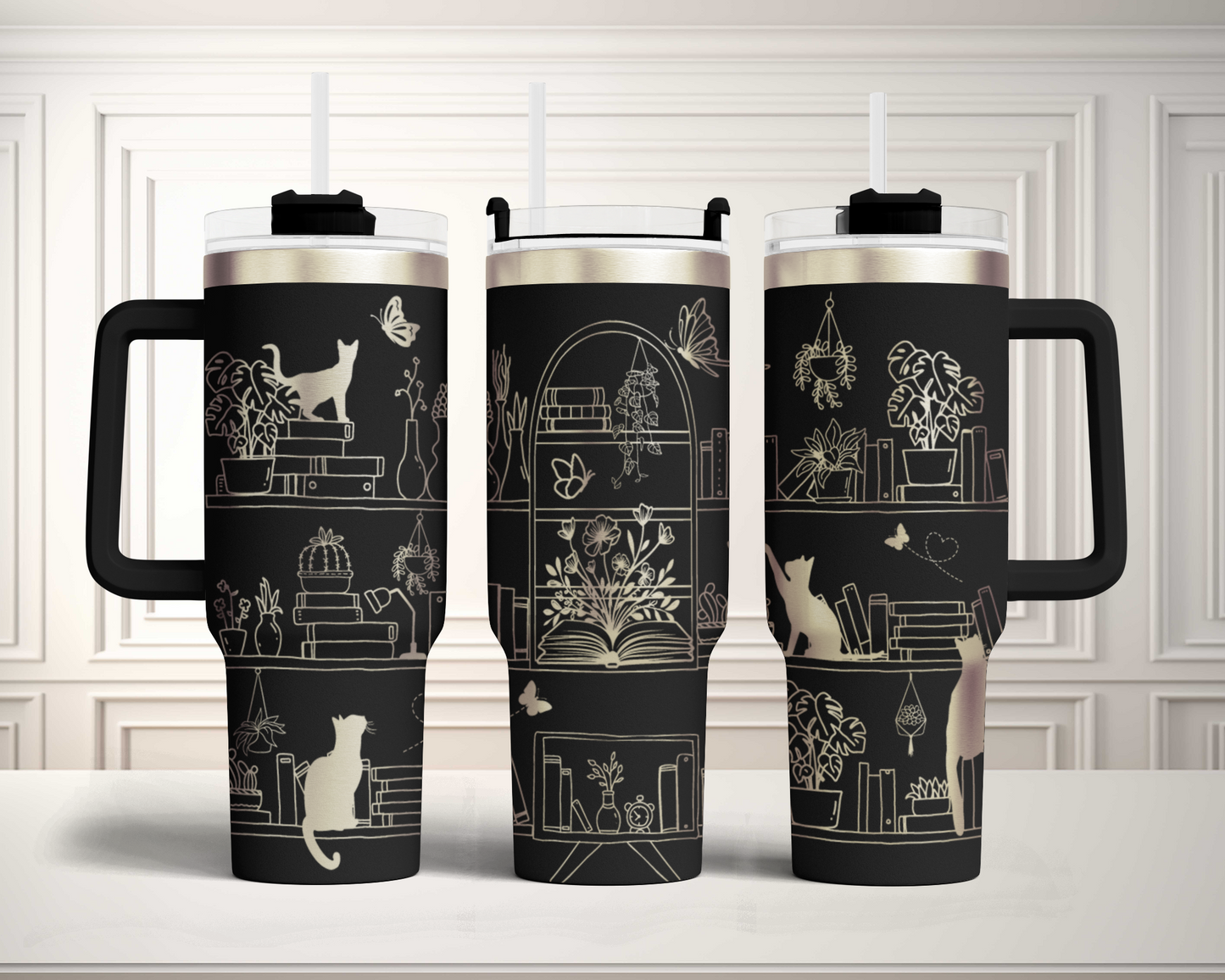 Book lover cat shelf Engraved Full Wrap Seamless 40oz Tumbler SVG Laser Rotary and PNG sublimation