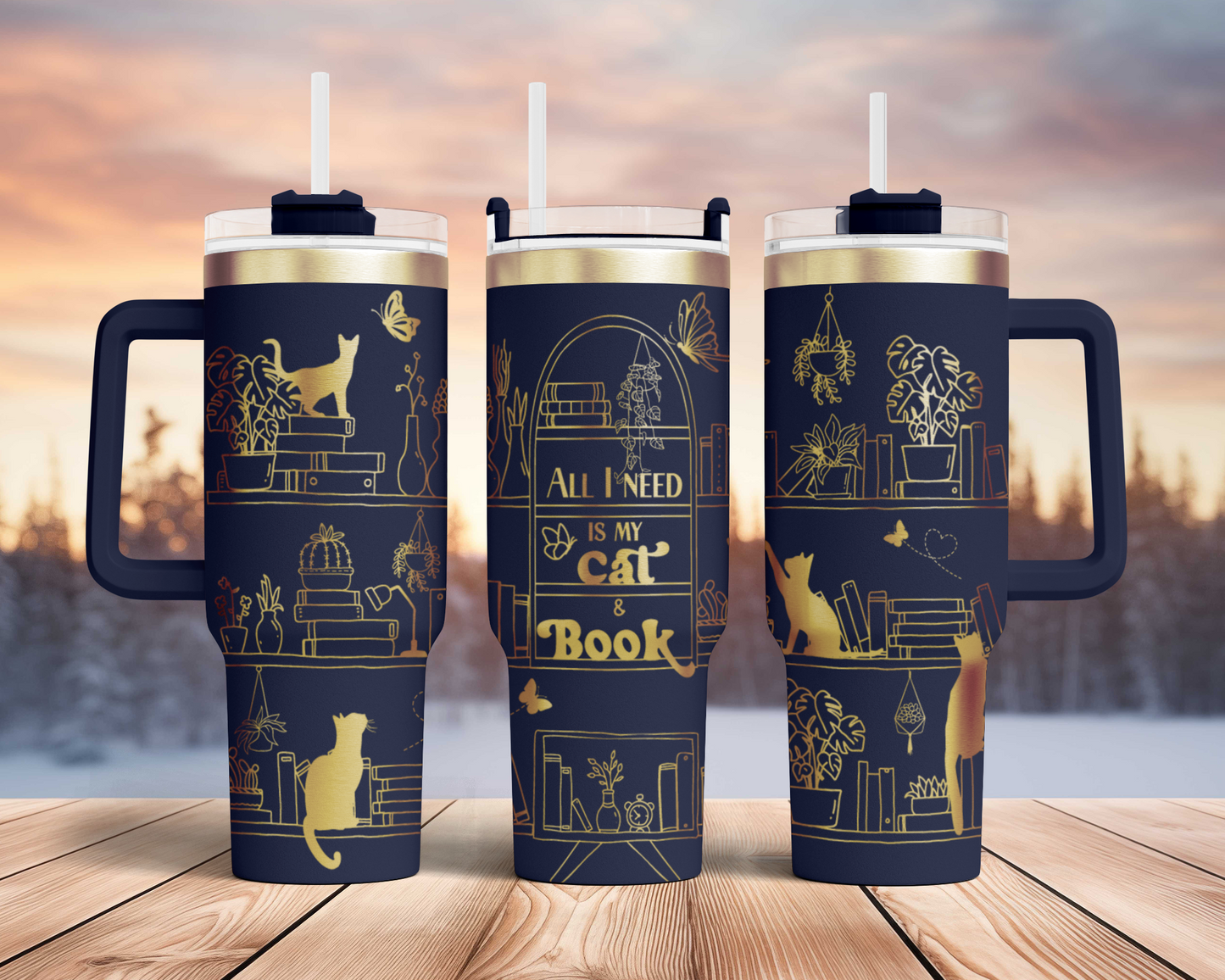 All I need is book and my cat, book lover cat shelf Engraved Full Wrap Seamless 40oz Tumbler SVG Laser Rotary and PNG sublimation