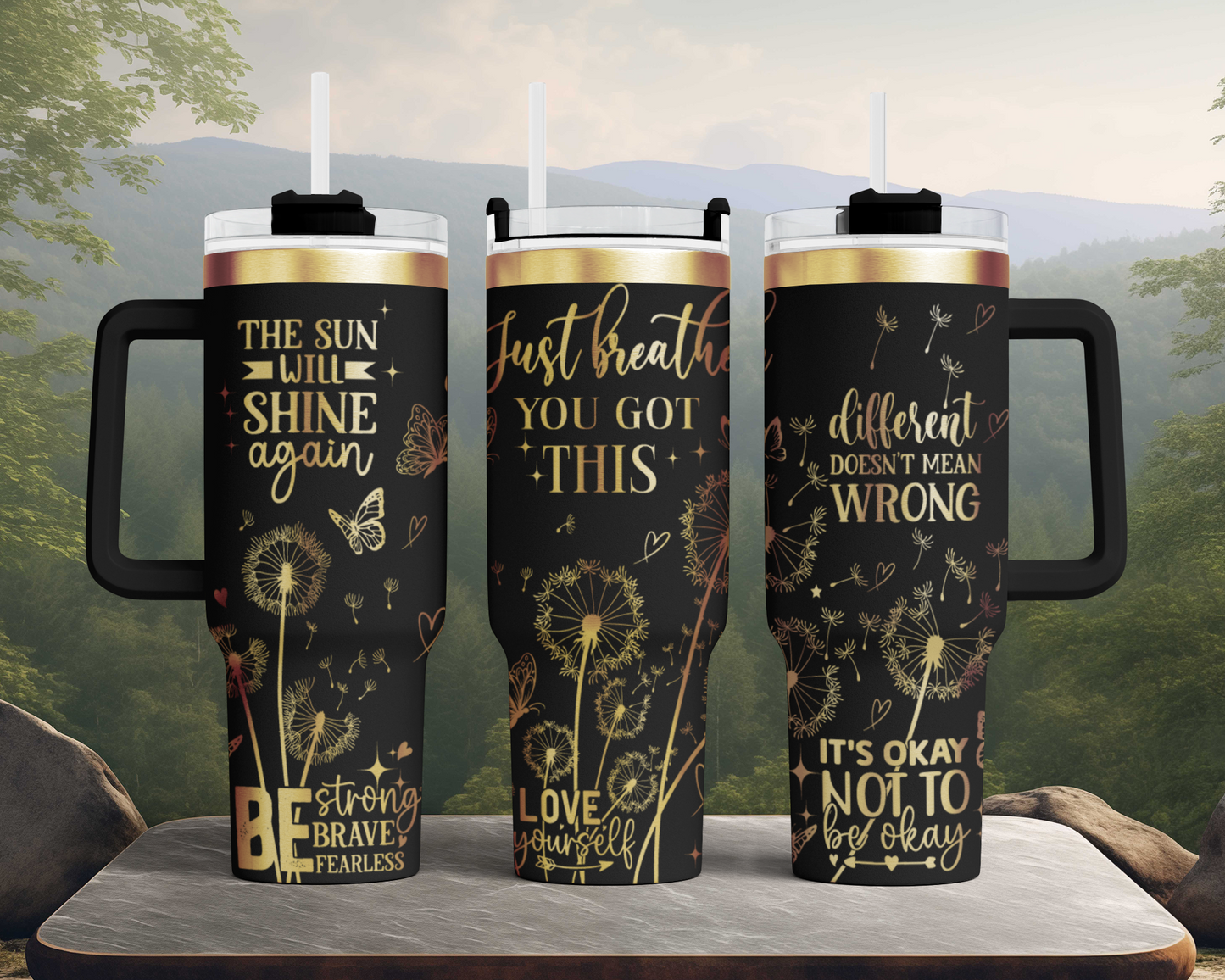 Just Breathe dandelion affirmation 40oz Tumbler Laser Engraved Full Wrap Seamless Design, SVG Laser PNG sublimation