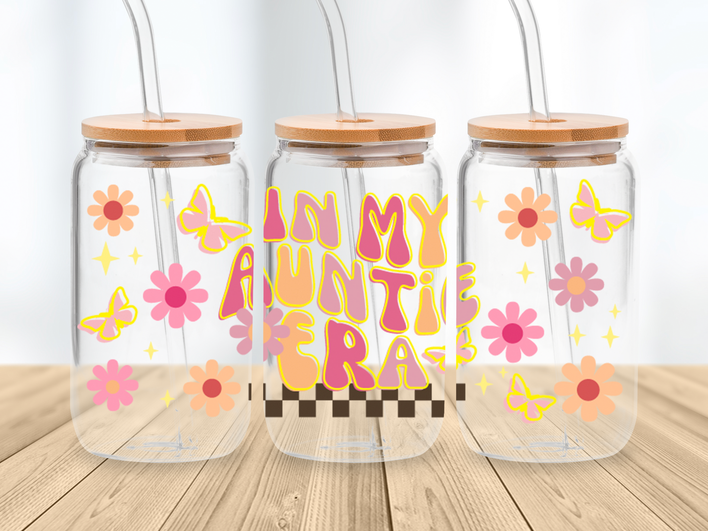 In my Auntie Era Wavy Retro 16oz Libbey glass can wrap, SVG cutting file for Cricut, PNG sublimation, Layered SVG