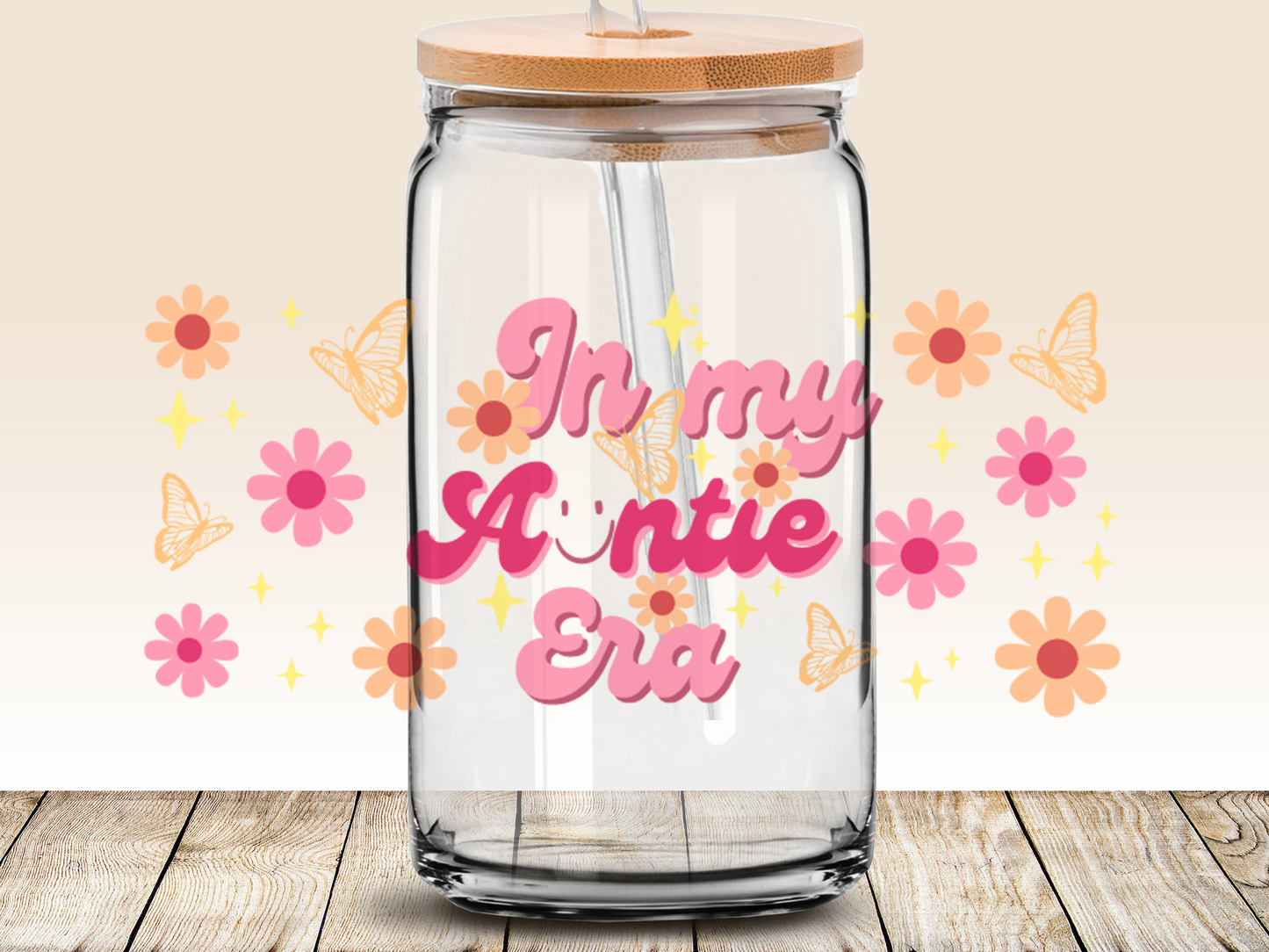 In my Auntie Era Retro 16oz Libbey glass can wrap, SVG cutting file for Cricut, PNG sublimation, Layered SVG