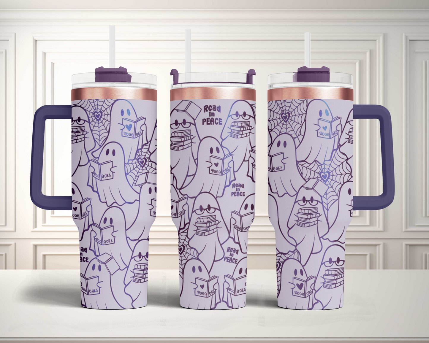 Read in Peace, Bookish Ghost Funny Halloween 40oz Tumbler SVG Laser Engraved Full Wrap Seamless, PNG