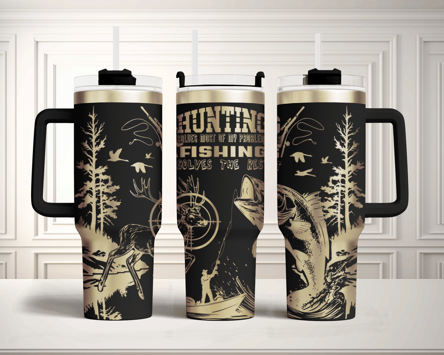 Hunting solves most my problem, fishing solves the rest Laser Engraved Full Wrap Seamless design, 40oz Tumbler, SVG Laser, PNG sublimation