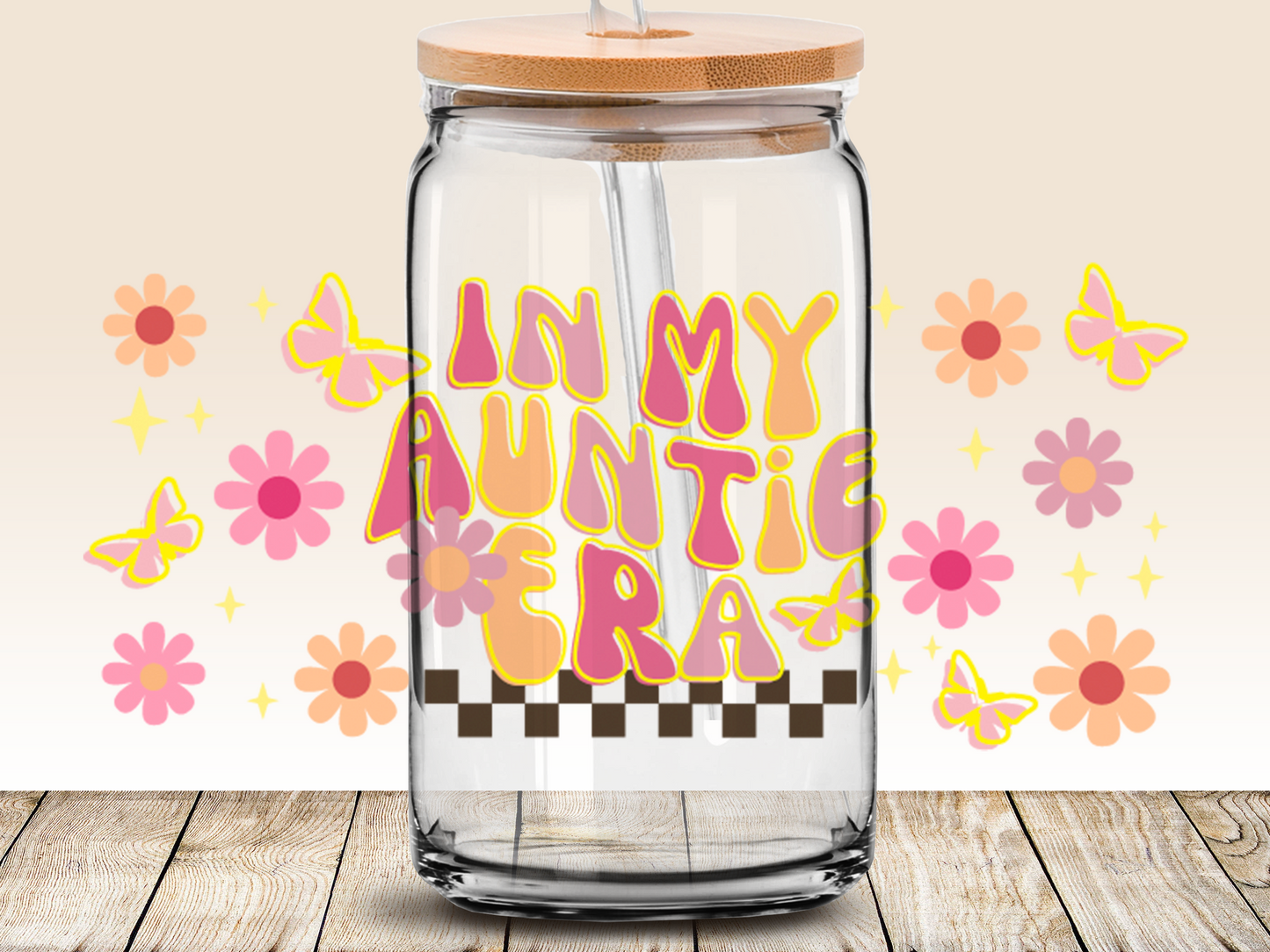 In my Auntie Era Wavy Retro 16oz Libbey glass can wrap, SVG cutting file for Cricut, PNG sublimation, Layered SVG