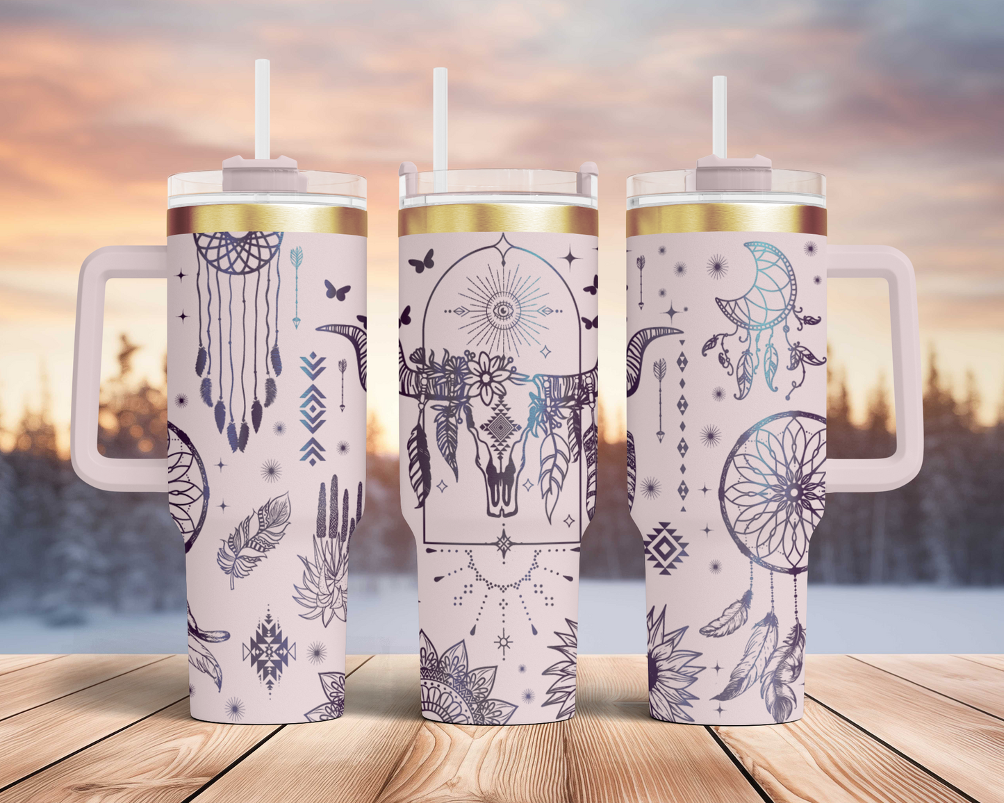 Boho Cow Skulls Western Cowboy Engraved Full Wrap Seamless 40oz Tumbler SVG Laser Rotary and PNG sublimation