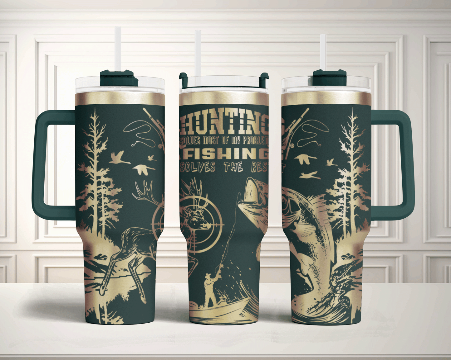 Hunting solves most my problem, fishing solves the rest Laser Engraved Full Wrap Seamless design, 40oz Tumbler, SVG Laser, PNG sublimation