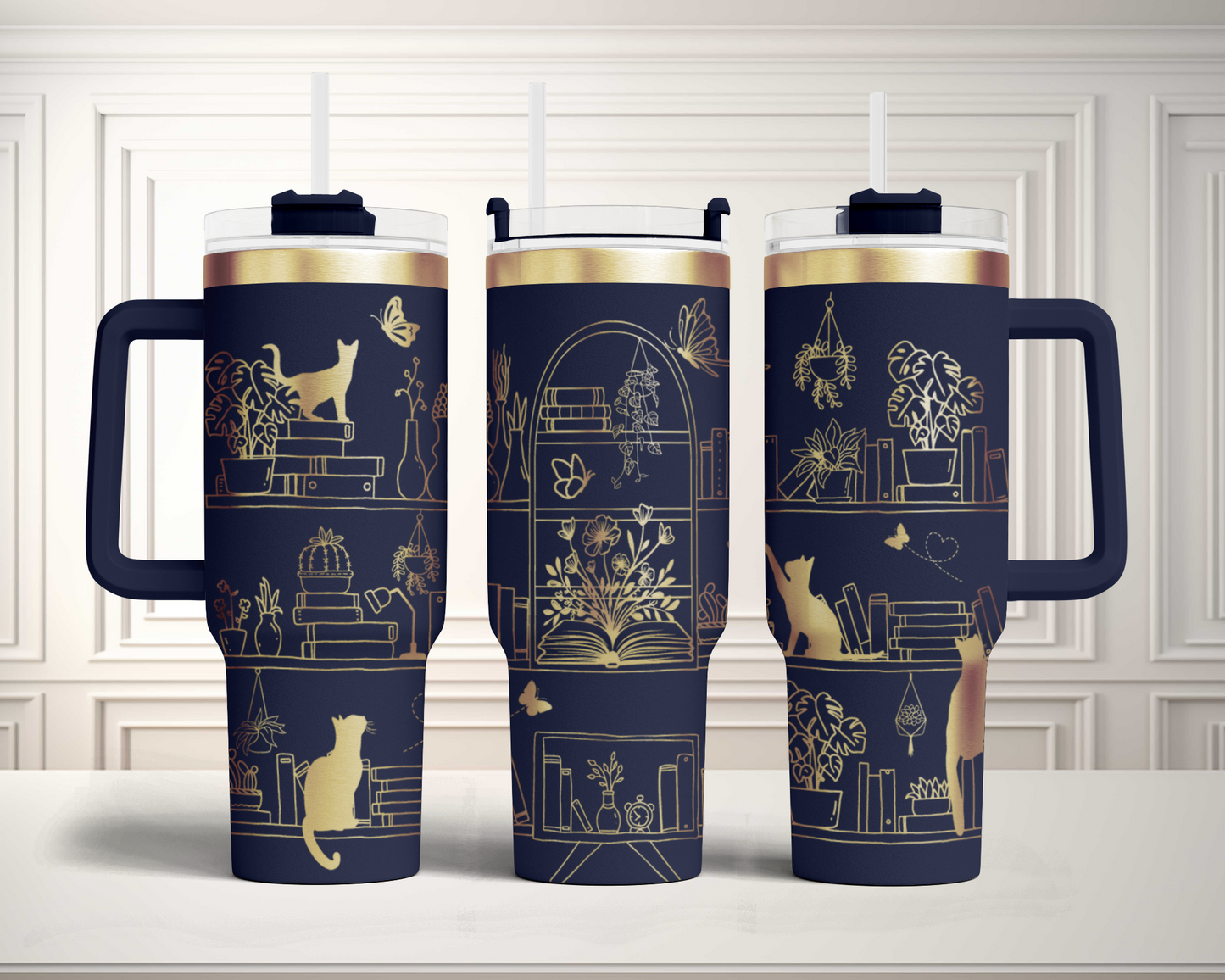 Book lover cat shelf Engraved Full Wrap Seamless 40oz Tumbler SVG Laser Rotary and PNG sublimation