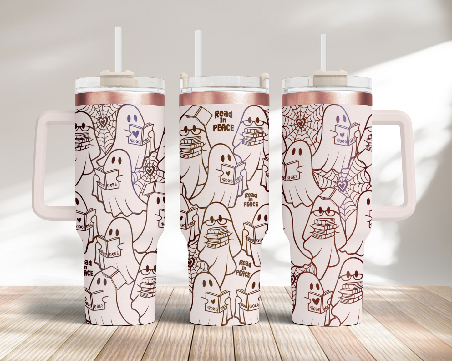 Read in Peace, Bookish Ghost Funny Halloween 40oz Tumbler SVG Laser Engraved Full Wrap Seamless, PNG