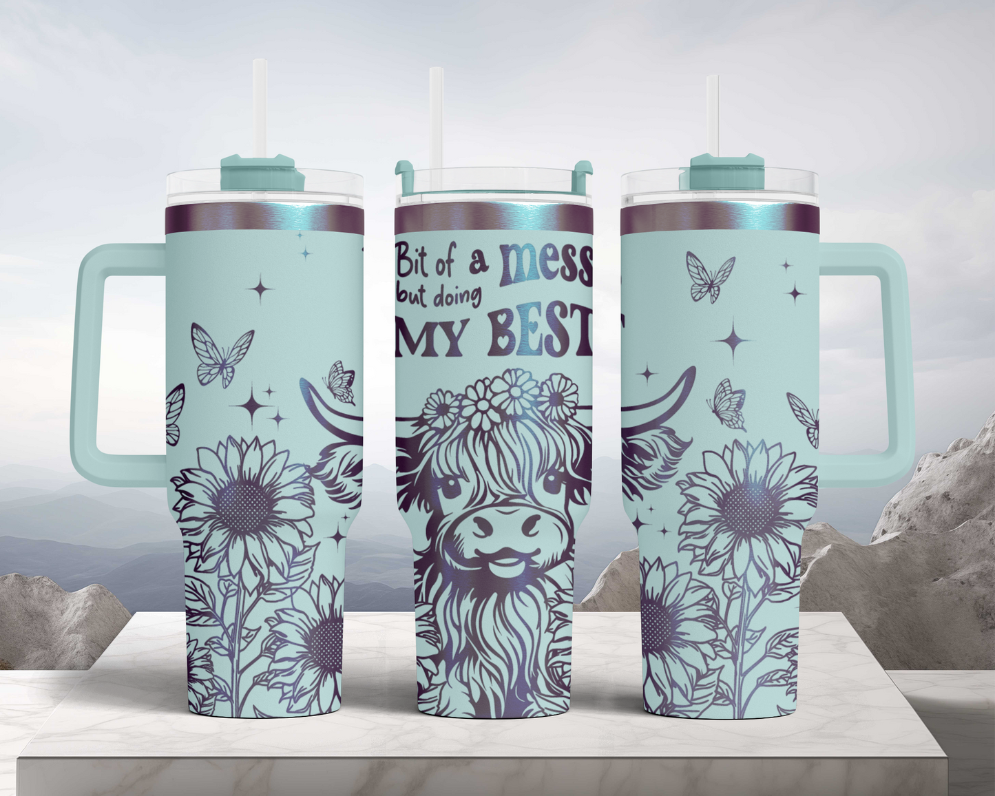 Cute Highland Cow, hot mess doing my best Engraved Full Wrap Seamless 40oz Tumbler SVG Laser Rotary and PNG sublimation