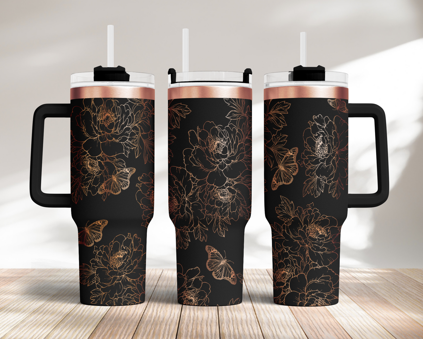 Peony flower and butterflies 40oz Tumbler SVG Laser Engraved Full Wrap Seamless