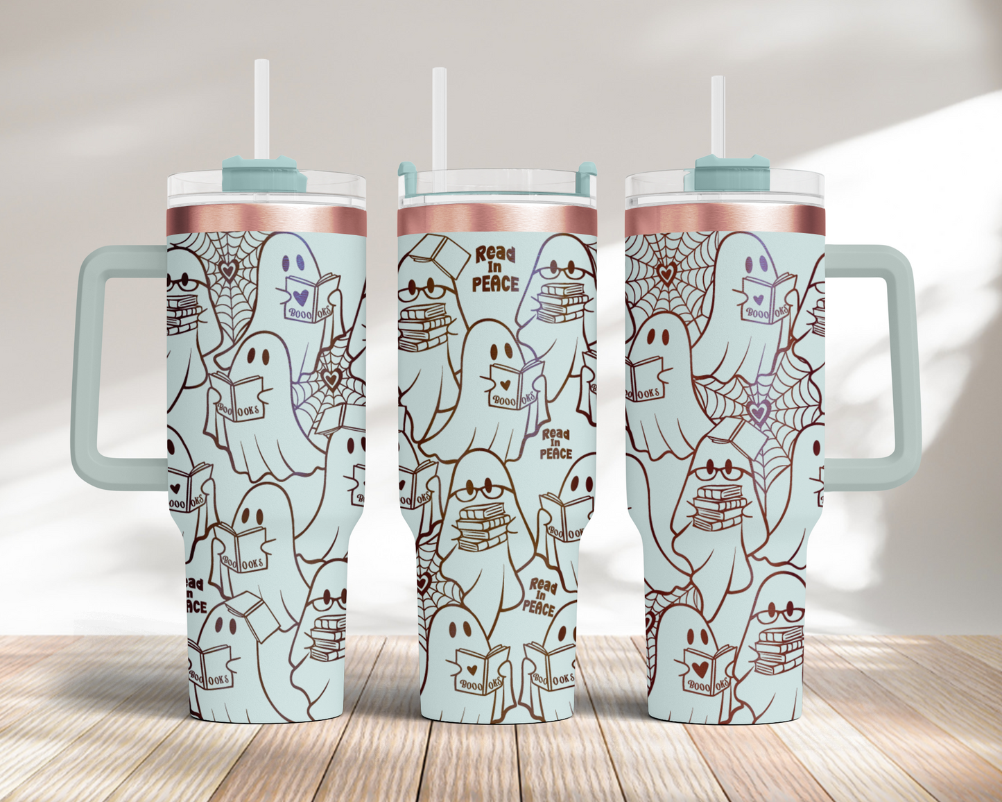 Read in Peace, Bookish Ghost Funny Halloween 40oz Tumbler SVG Laser Engraved Full Wrap Seamless, PNG
