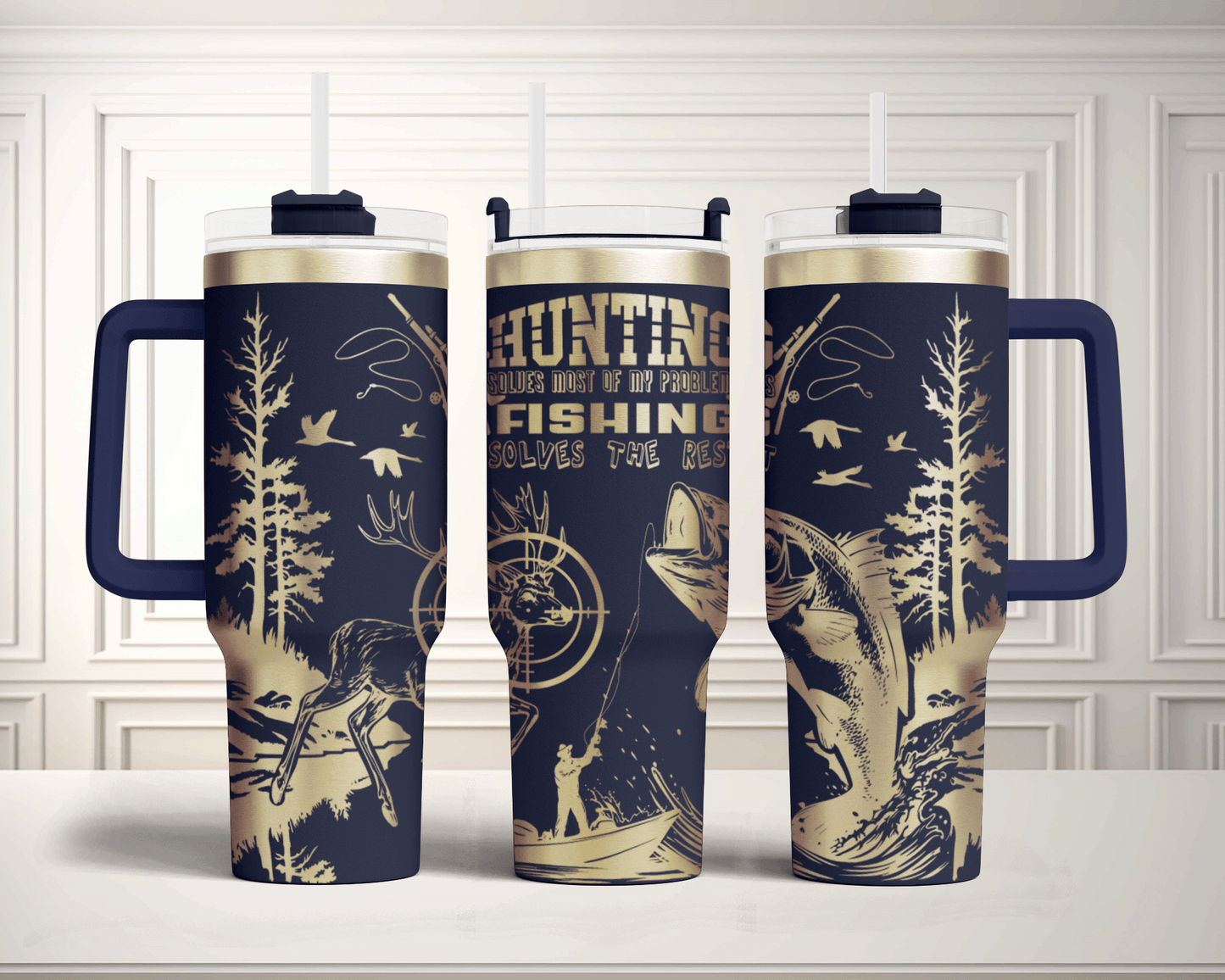 Hunting solves most my problem, fishing solves the rest Laser Engraved Full Wrap Seamless design, 40oz Tumbler, SVG Laser, PNG sublimation