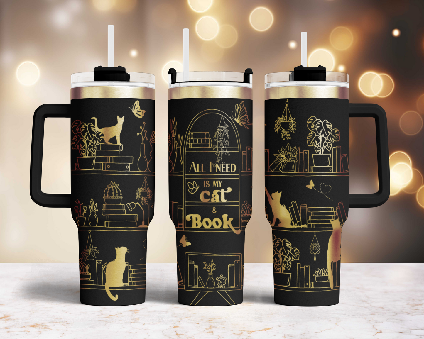 All I need is book and my cat, book lover cat shelf Engraved Full Wrap Seamless 40oz Tumbler SVG Laser Rotary and PNG sublimation