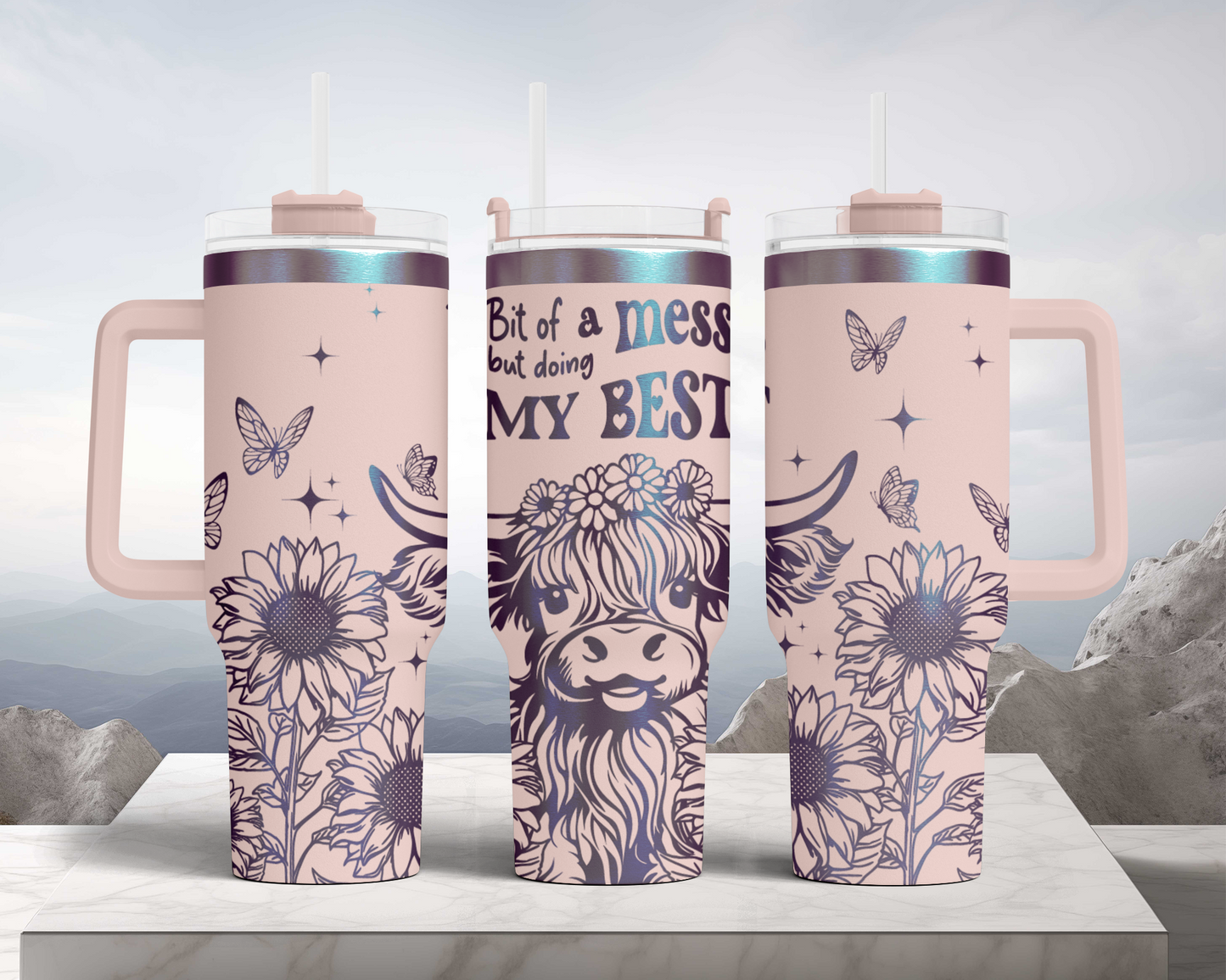 Cute Highland Cow, hot mess doing my best Engraved Full Wrap Seamless 40oz Tumbler SVG Laser Rotary and PNG sublimation