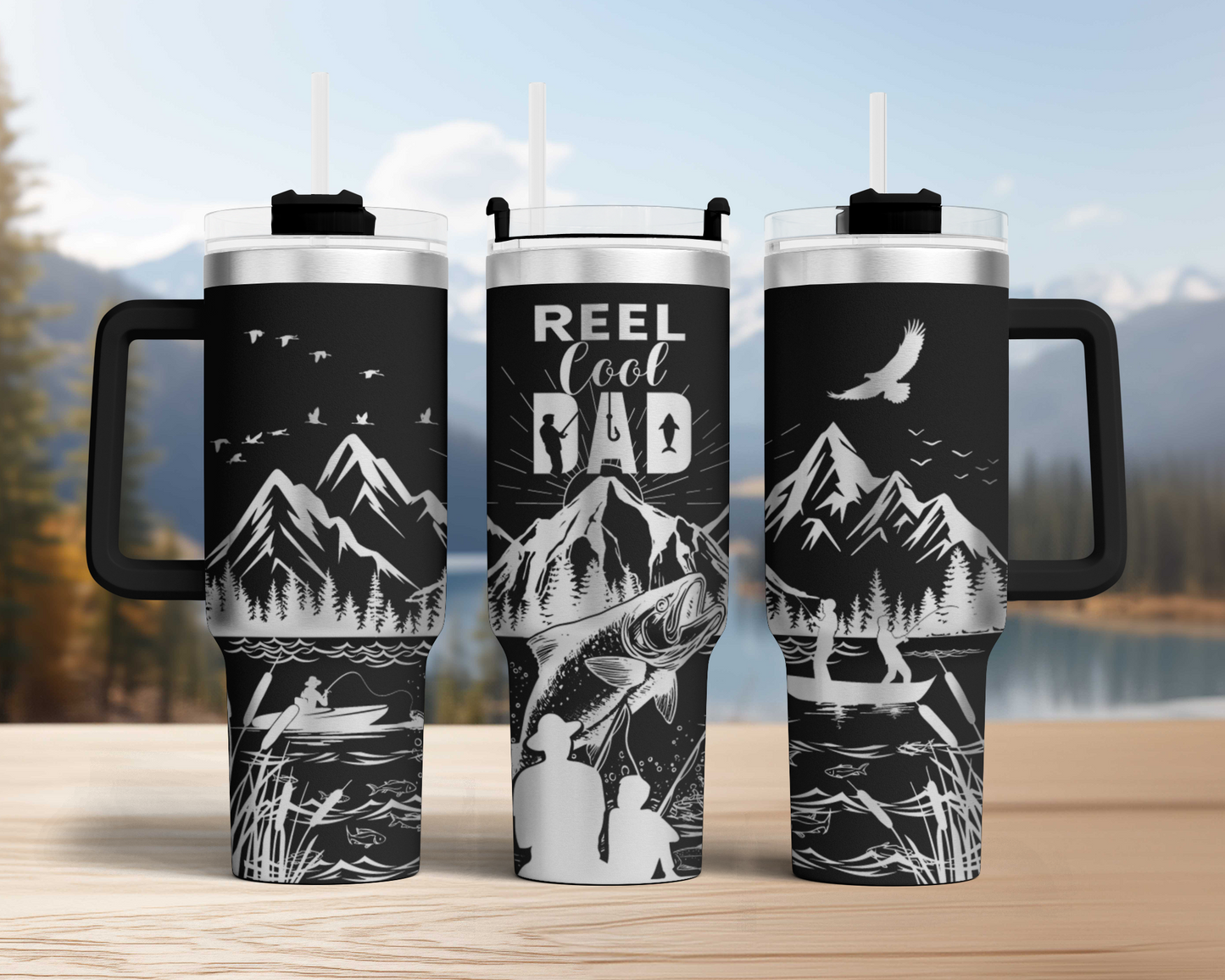 Reel Cool dad, Fishing dad with kids SVG 40oz Tumbler Laser Engraved Full Wrap Seamless, SVG Laser Rotary, PNG sublimation