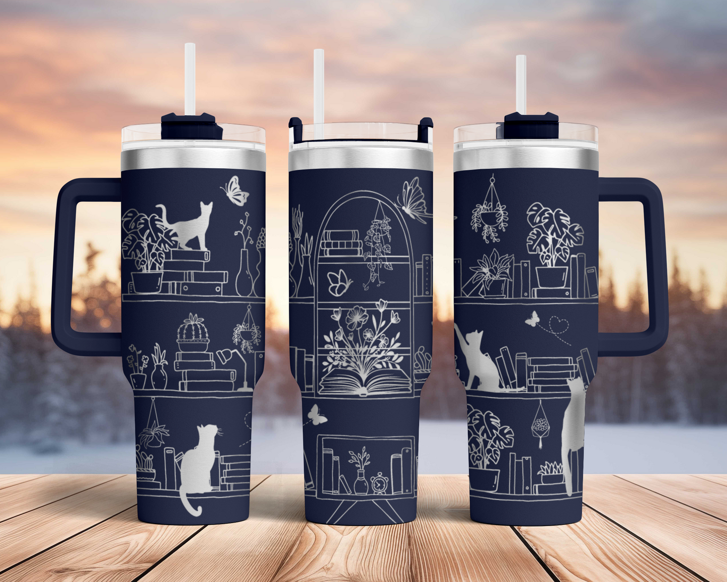 Book lover cat shelf Engraved Full Wrap Seamless 40oz Tumbler SVG Laser Rotary and PNG sublimation