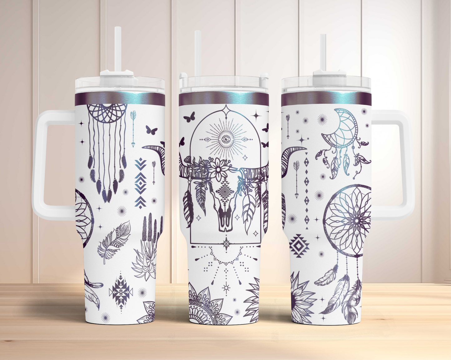 Boho Cow Skulls Western Cowboy Engraved Full Wrap Seamless 40oz Tumbler SVG Laser Rotary and PNG sublimation