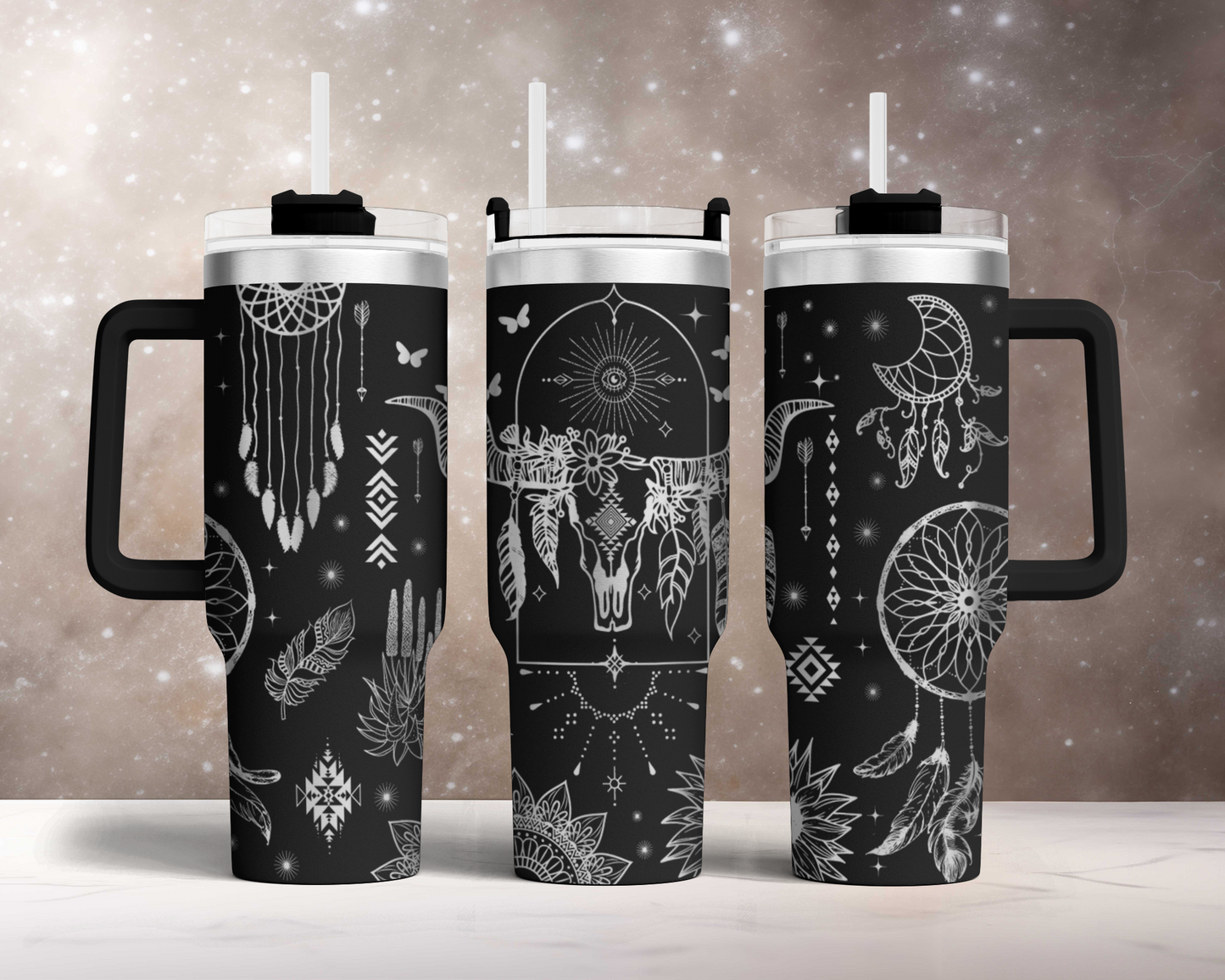 Boho Cow Skulls Western Cowboy Engraved Full Wrap Seamless 40oz Tumbler SVG Laser Rotary and PNG sublimation