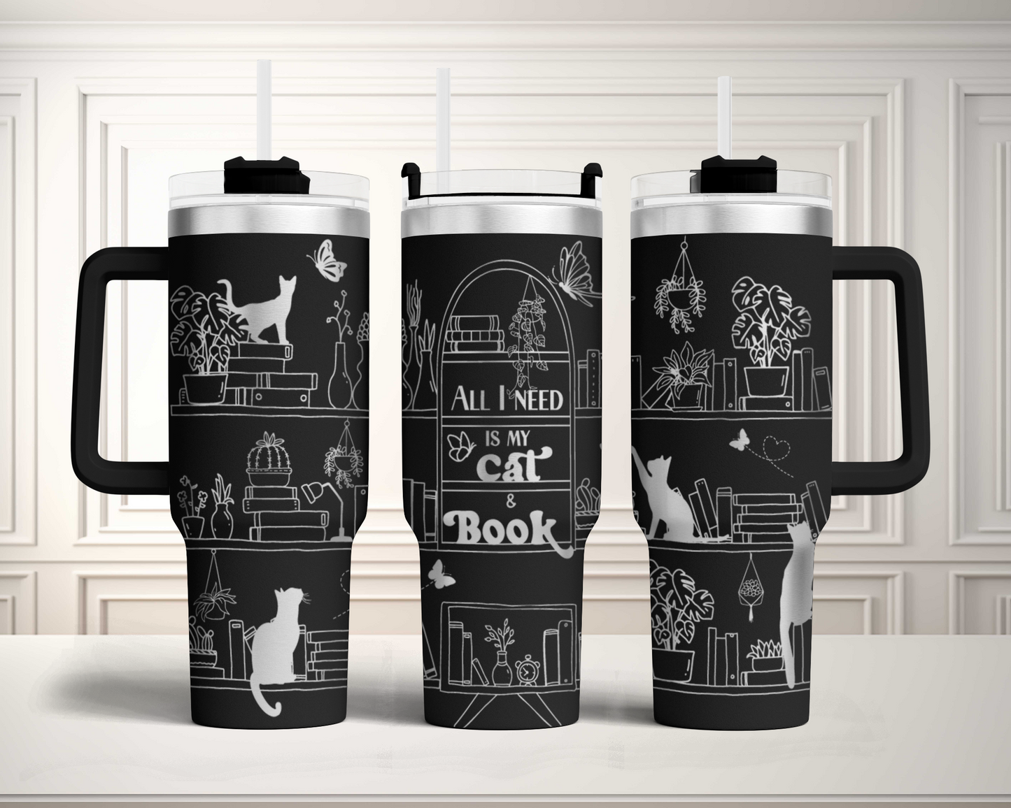 All I need is book and my cat, book lover cat shelf Engraved Full Wrap Seamless 40oz Tumbler SVG Laser Rotary and PNG sublimation