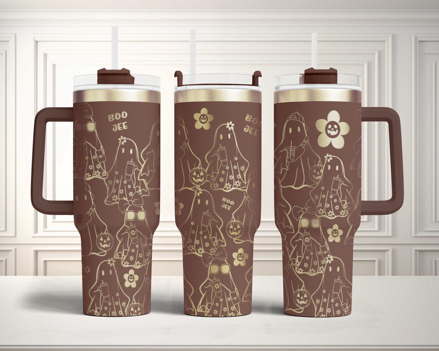 Funny Halloween Boo Jee, Boujee Fall Cute Ghost 40oz Tumbler SVG Laser Engraved Full Wrap Seamless, Rotary and PNG sublimation