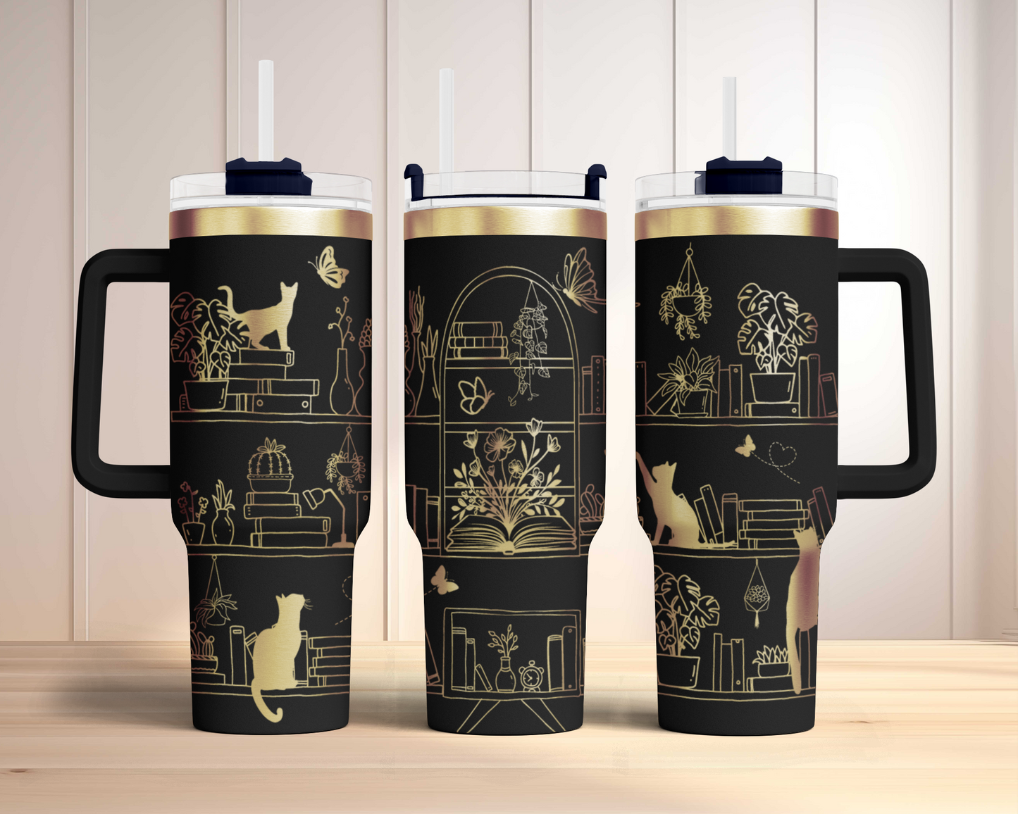 Book lover cat shelf Engraved Full Wrap Seamless 40oz Tumbler SVG Laser Rotary and PNG sublimation