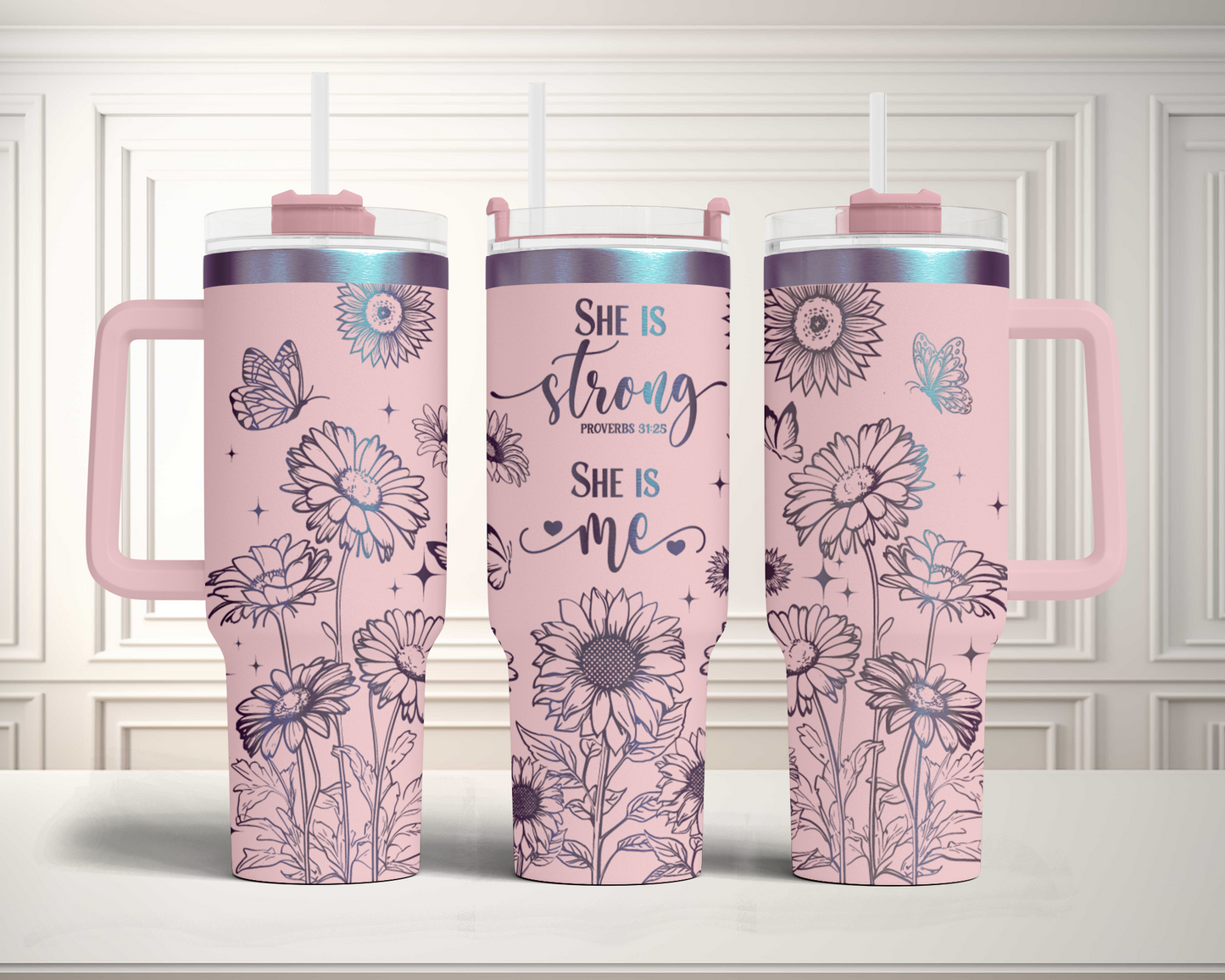 She is strong, She is me 40oz Women sunflower Bible Verse Engraved Full Wrap Seamless 40oz Tumbler, SVG Laser PNG sublimation