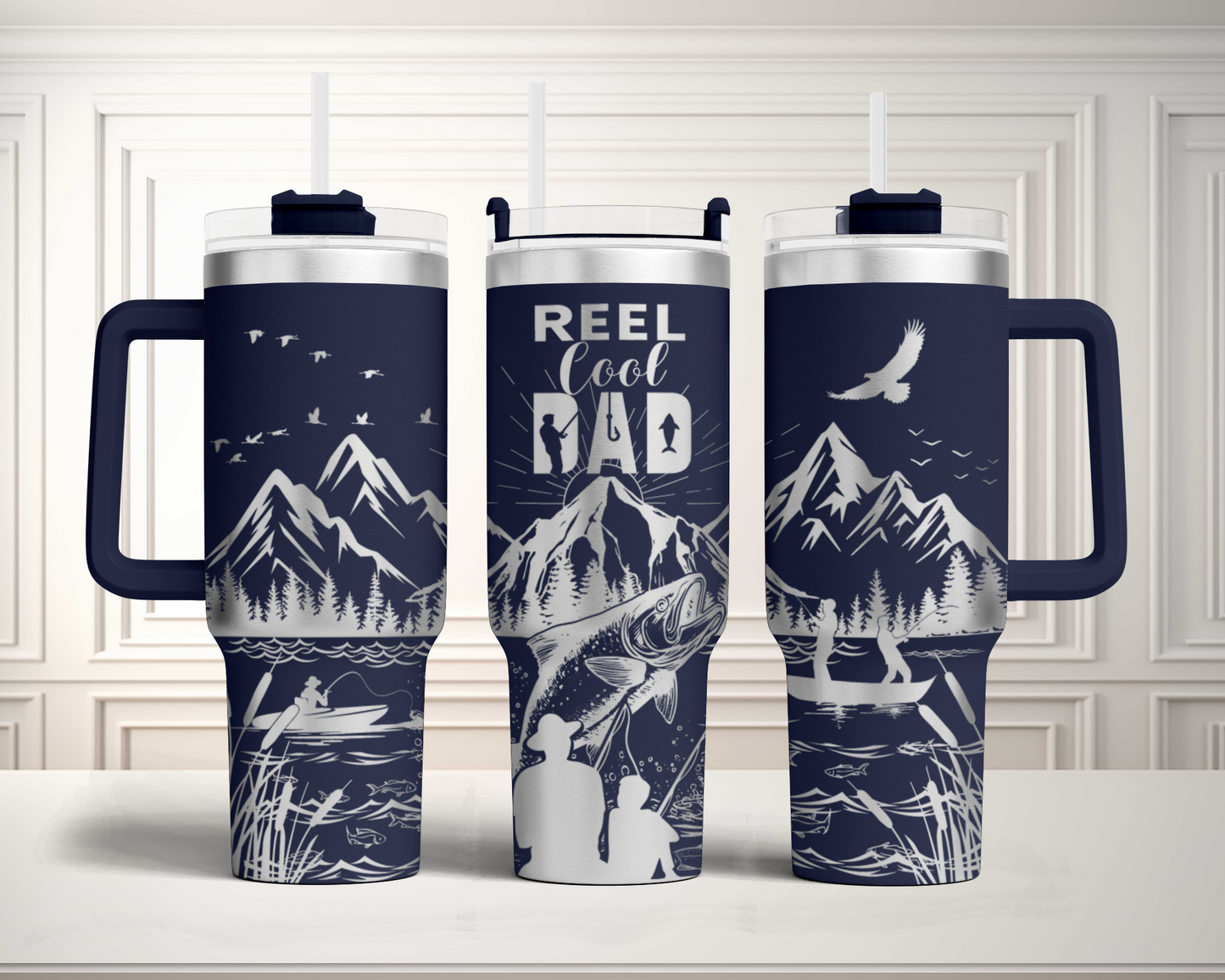 Reel Cool dad, Fishing dad with kids SVG 40oz Tumbler Laser Engraved Full Wrap Seamless, SVG Laser Rotary, PNG sublimation