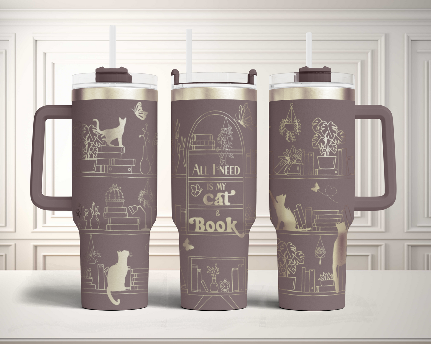 All I need is book and my cat, book lover cat shelf Engraved Full Wrap Seamless 40oz Tumbler SVG Laser Rotary and PNG sublimation