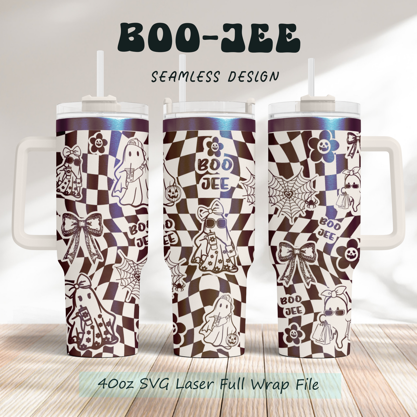 Boo Jee, Boujee Cute Ghost Funny Halloween40oz Tumbler SVG Laser Engraved Full Wrap Seamless, Rotary and PNG sublimation 