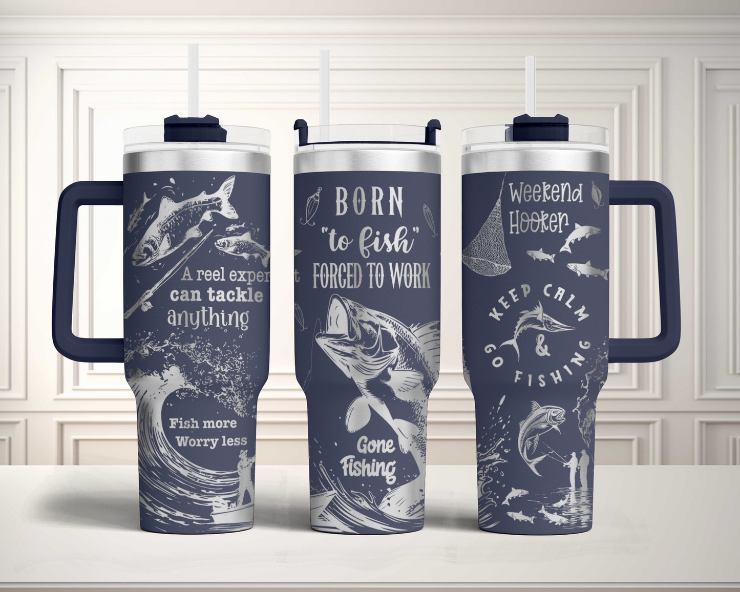 Born to Fish Force to work, funny fishing saying 40oz Tumbler Laser Engraved Full Wrap Seamless, SVG Laser Rotary, PNG sublimation