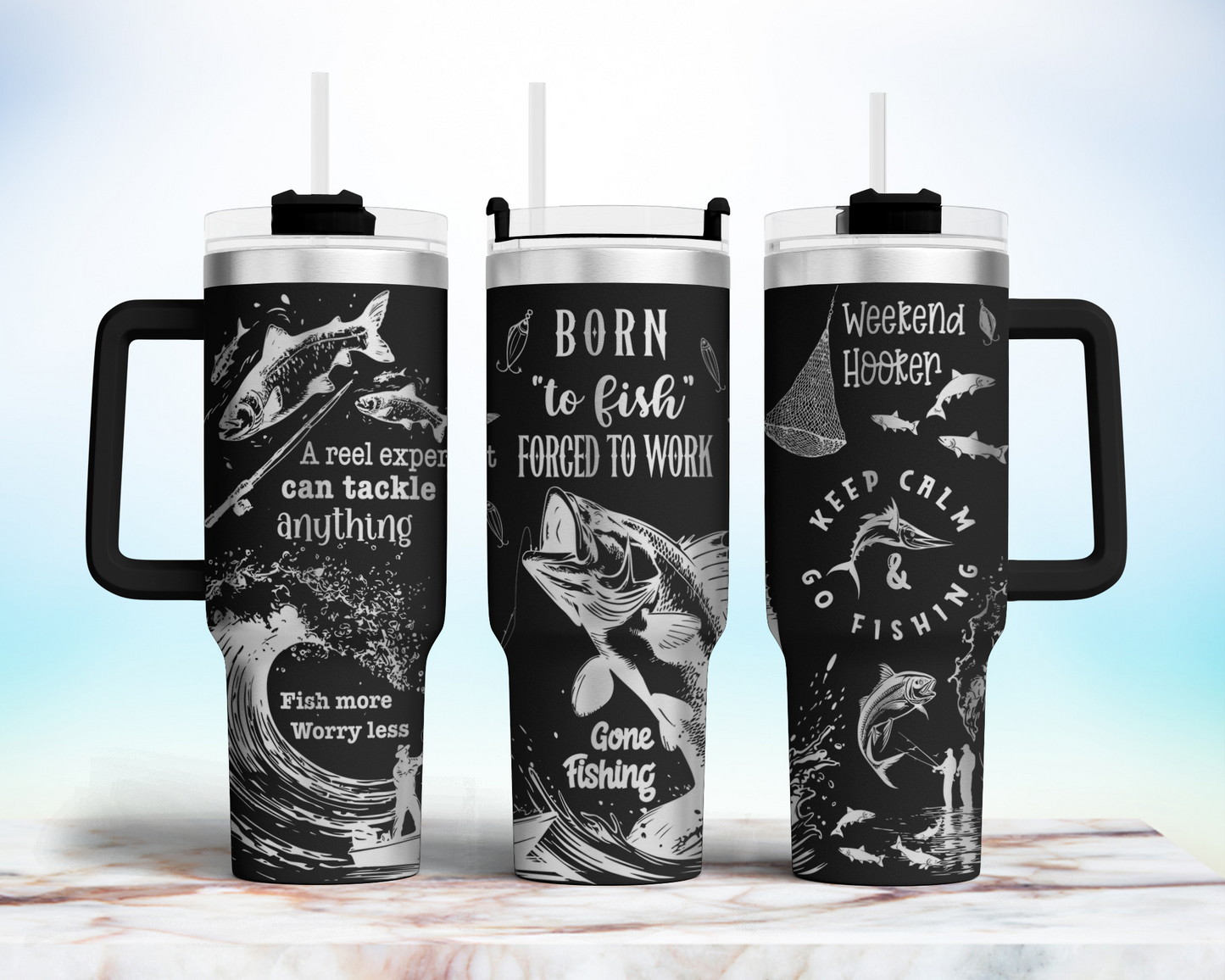 Born to Fish Force to work, funny fishing saying 40oz Tumbler Laser Engraved Full Wrap Seamless, SVG Laser Rotary, PNG sublimation