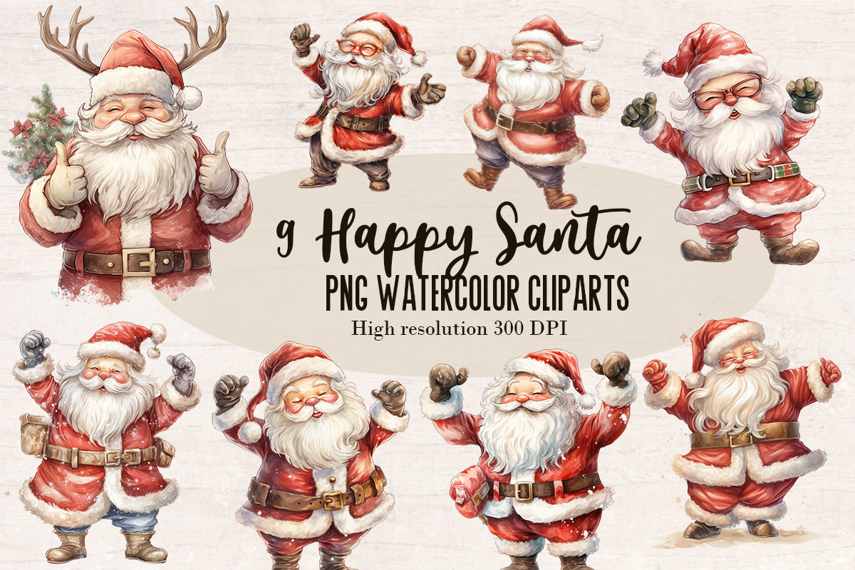 9 Watercolor Happy Santa Claus PNG cliparts bundle, Christmas Cliparts