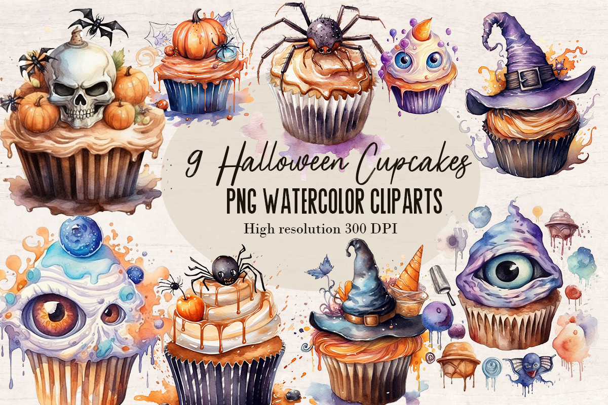 9 Watercolor Halloween Spooky Cupcake PNG cliparts bundle, Halloween Cliparts