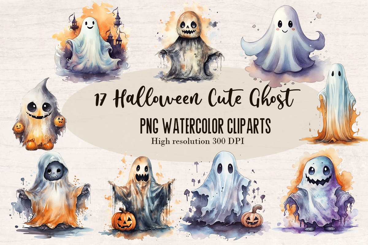 17 Watercolor Halloween Spooky Ghost PNG cliparts bundle, Halloween Cliparts