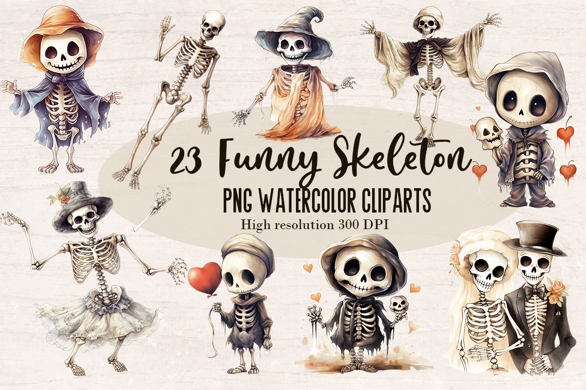 23 Watercolor Halloween Skeleton PNG cliparts bundle, Halloween Cliparts