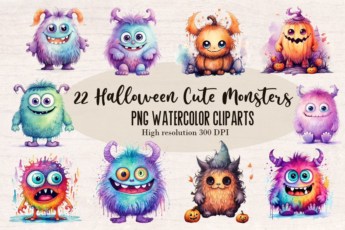 22 Watercolor Halloween Cute Monster PNG cliparts bundle, Halloween Cliparts