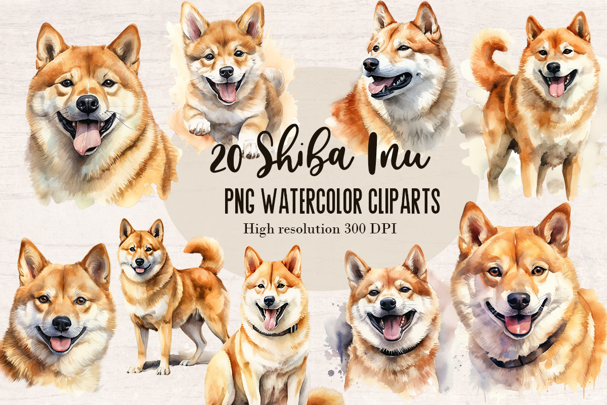 20 Watercolor Shiba inu Dog PNG cliparts bundle, Dog lover Cliparts